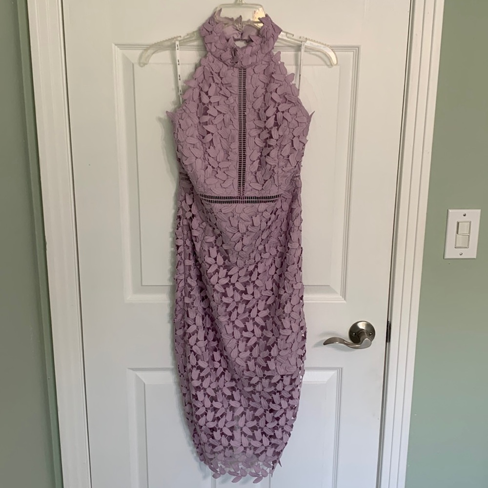 Bardot Gemma Halter Lace Sheath Dress Orchid Lilac
